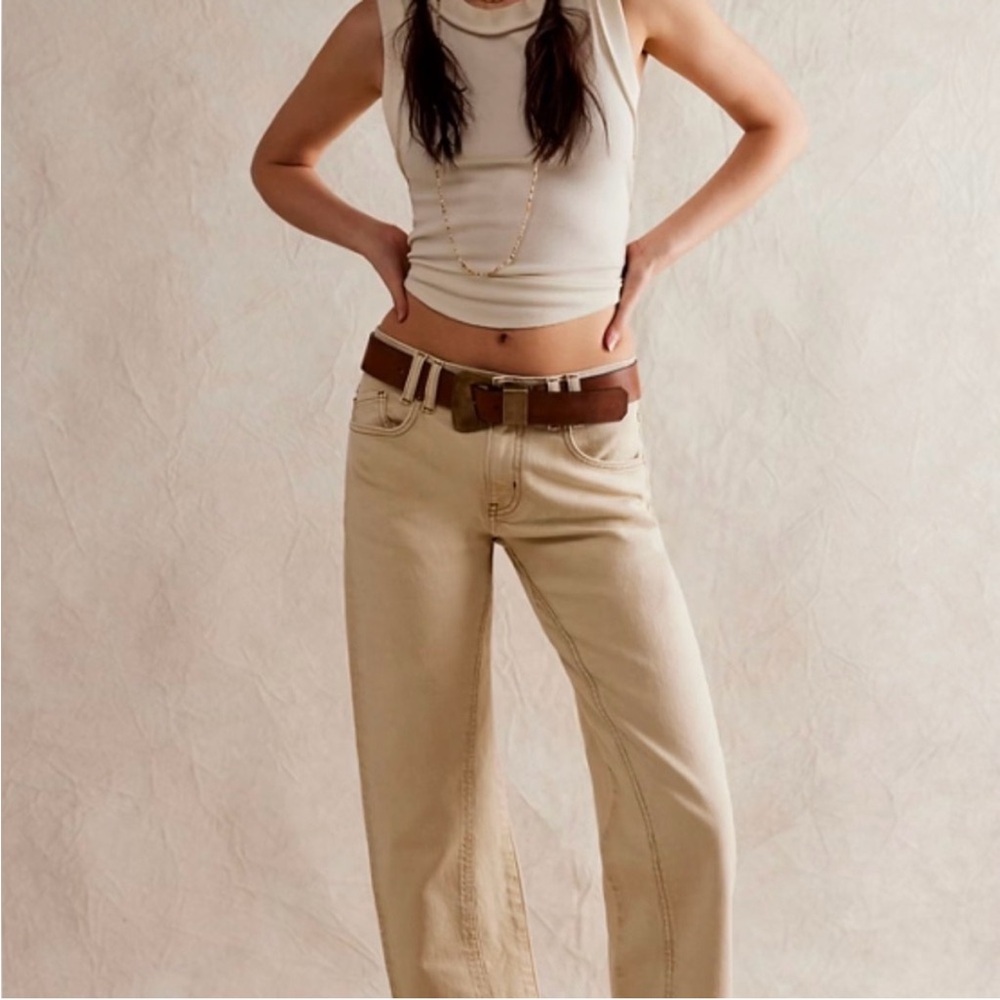 We The Free Beige Cropped Wide-Leg Jeans